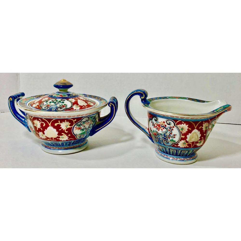 VTG Oriental Sugar & Creamer Hand Painted Imari-Style Chinese Mark